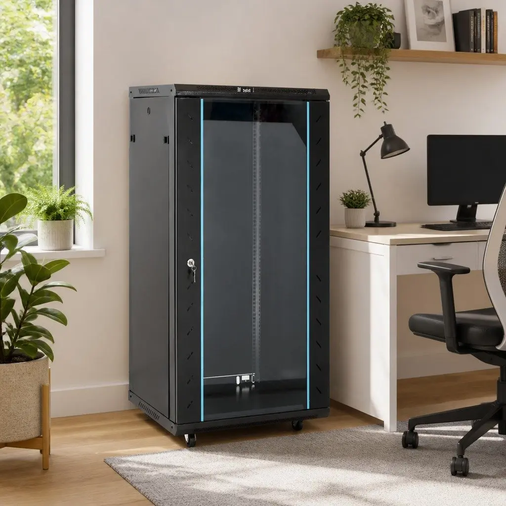 22U Network Cabinet Lockable Door Black Swivel Feet 19 Inch Rack Mount