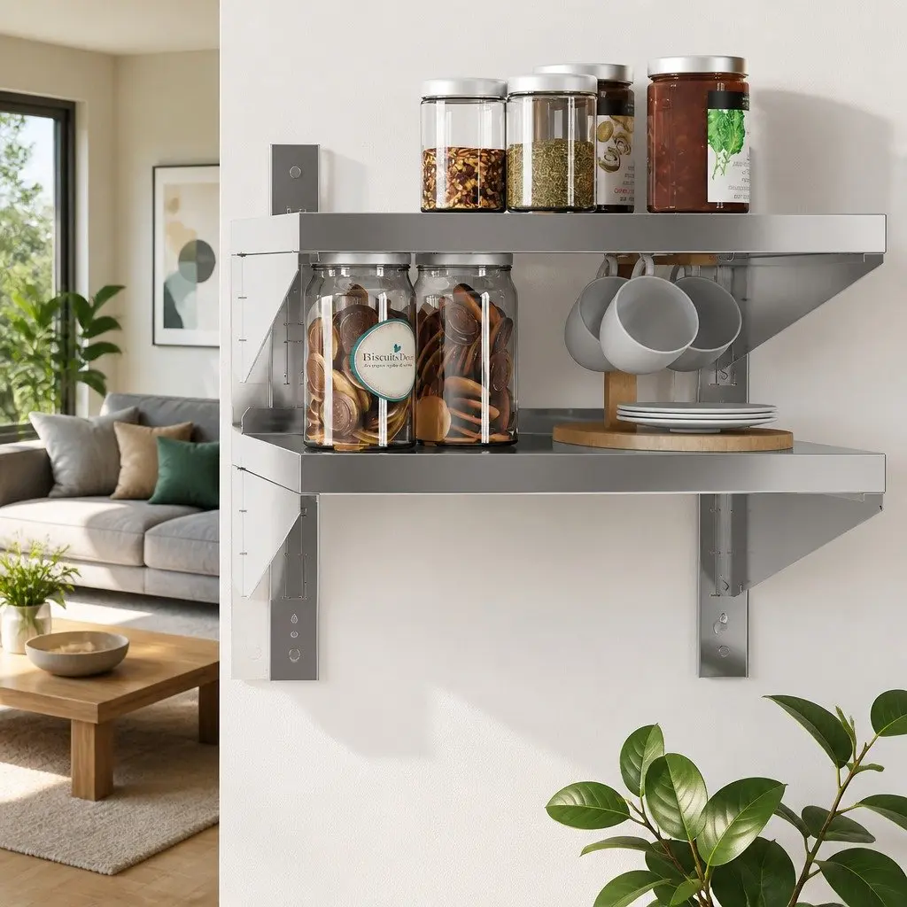 Stainless Steel 2-Tier Wall Shelf Floating Storage Unit Silver 50x30x48cm