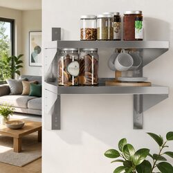 2-Tier Wall Shelf Silver Stainless Steel Floating Storage Shelving Unit