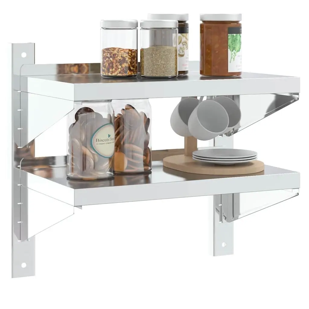 Stainless Steel 2-Tier Wall Shelf Floating Storage Unit Silver 50x30x48cm