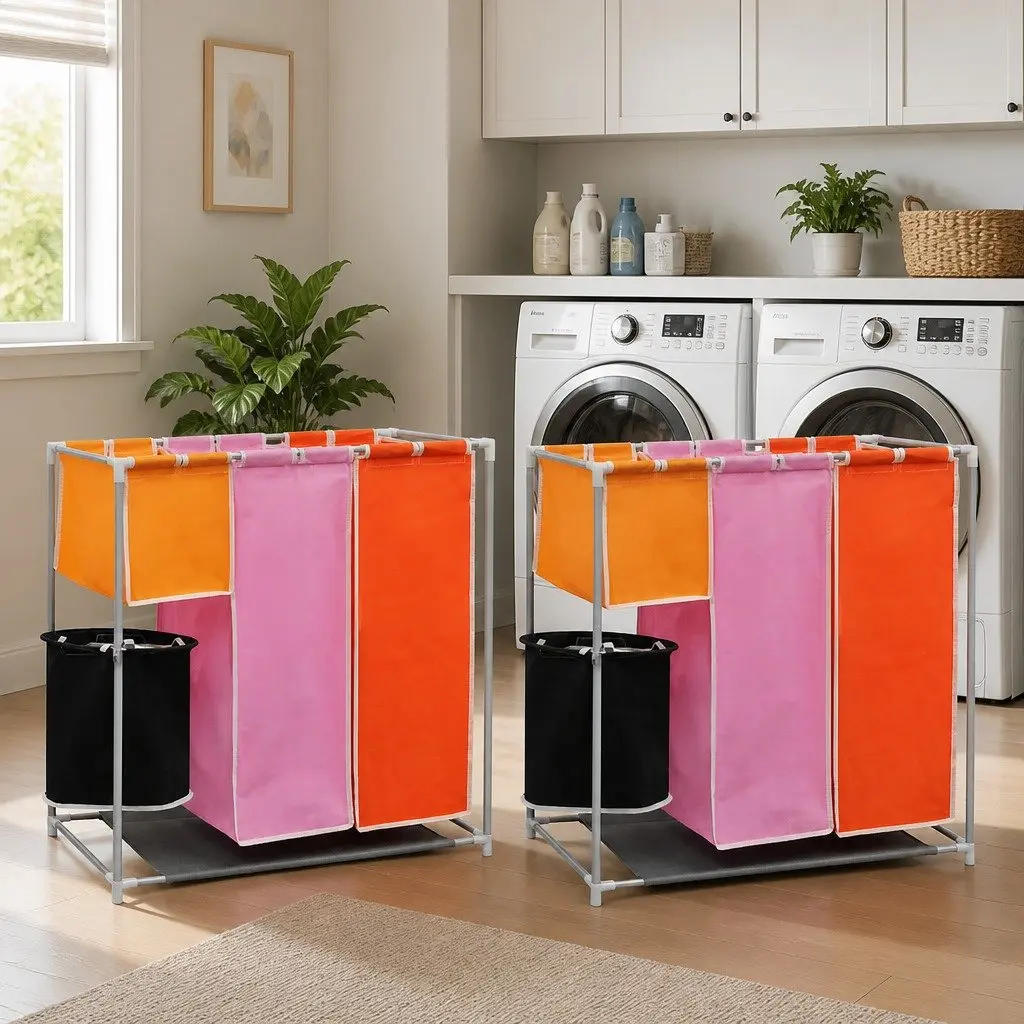 3 Compartment Laundry Hamper with Removable Washing Bin Multicolour 2 Pack
