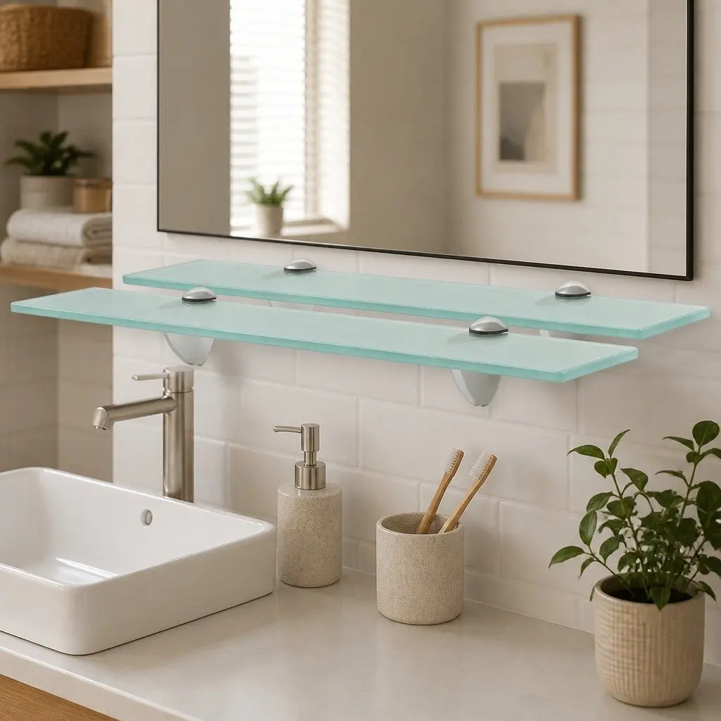 Glass Floating Shelves Tempered Safety Glass 50 x 10 cm 2 Piece Wall Mounted Display Shelf for Bathroom Living Room