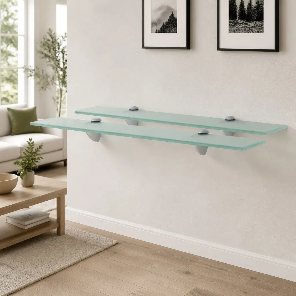 Floating Wall Shelves Transparent Glass 60x10 cm Modern Display Ledge 2 Piece