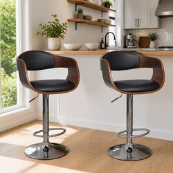 Bar Stools Set of 2 Black Bent Wood Faux Leather Height Adjustable Footrest
