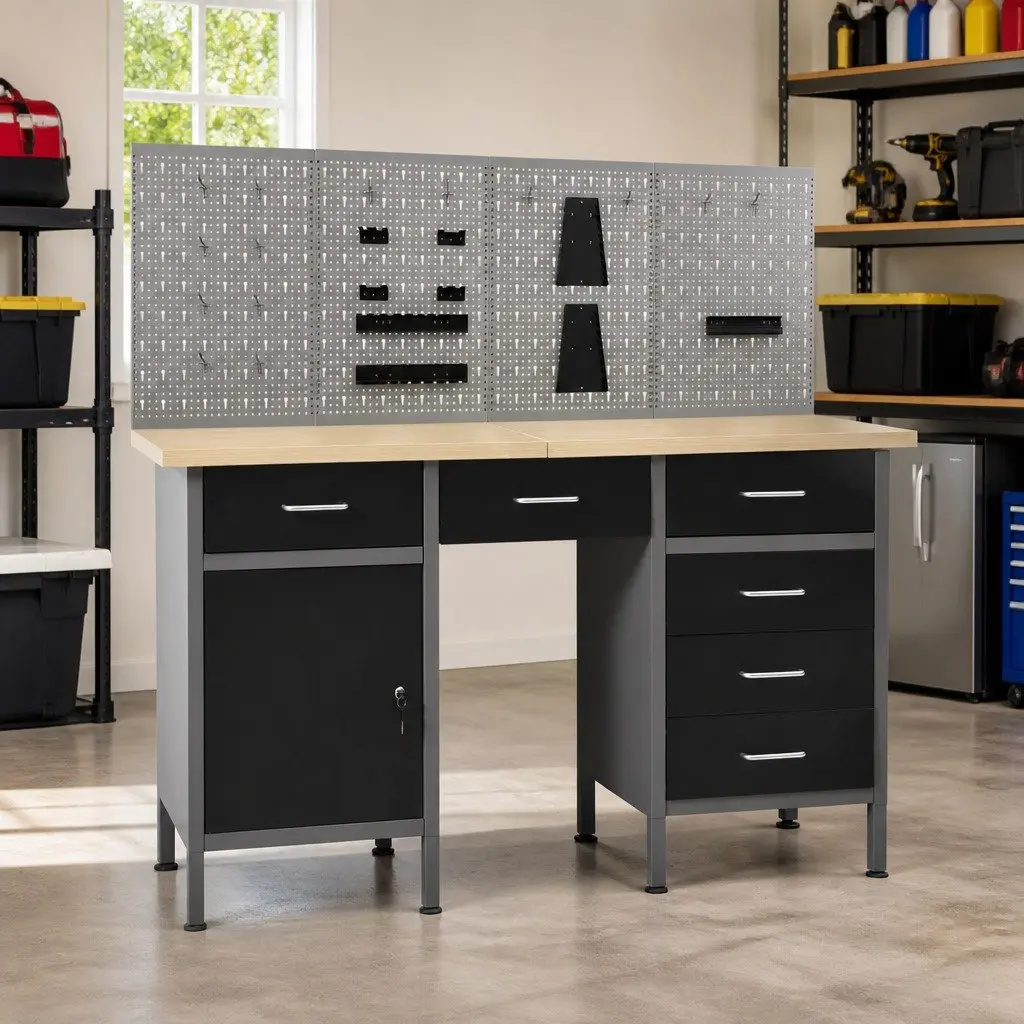 Workbench Four Wall Panels Tool Storage Workshop Garage Heavy Duty 500kg Black