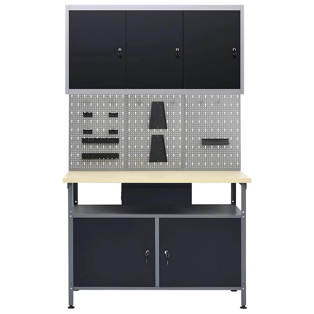 Workbench Storage System Black Steel 120 cm with Wall Panels and Cabinet