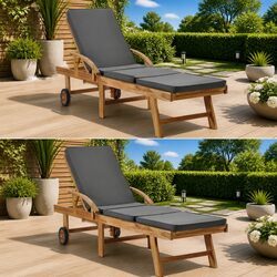 Sun Loungers Outdoor Garden Furniture Teak Wood Lounger Chair with Cushion 2 pcs