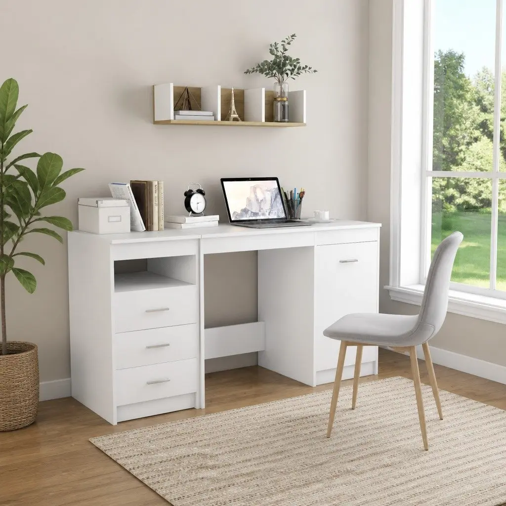 White Office Desk with Storage Drawers Door Engineered Wood Study Writing Table