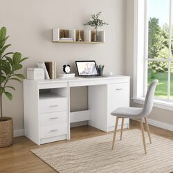 White Office Desk with Storage Drawers Door Engineered Wood Study Writing Table