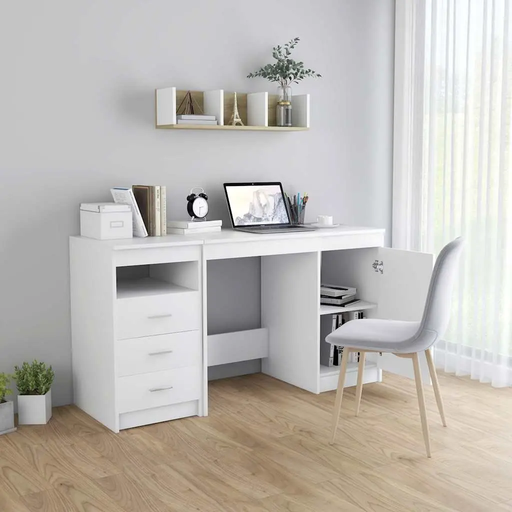 White Office Desk with Storage Drawers Door Engineered Wood Study Writing Table