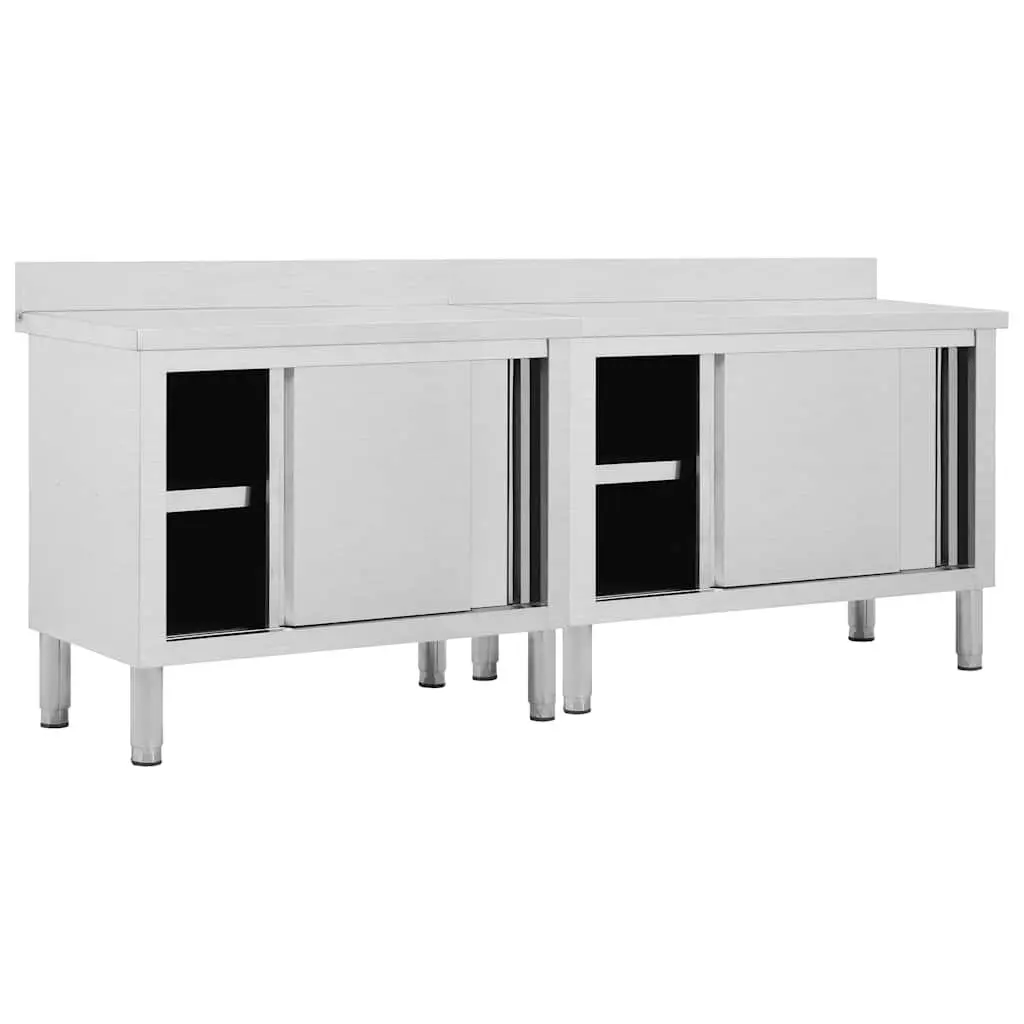 Stainless Steel Work Table with Sliding Door Storage 240 x 50 x 95-97 cm 2 Piece