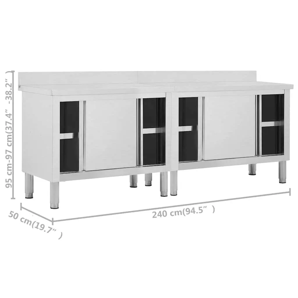 Stainless Steel Work Table with Sliding Door Storage 240 x 50 x 95-97 cm 2 Piece