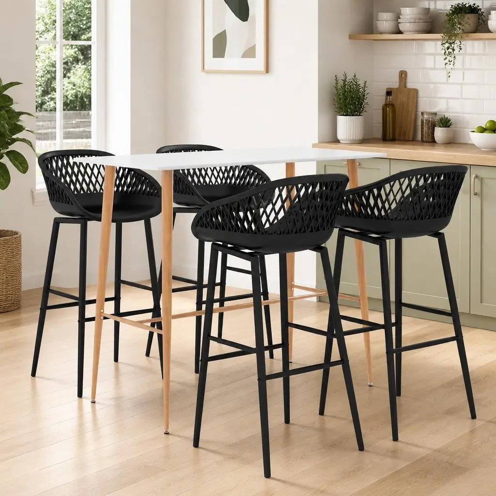 5 Piece Bar Set Modern White and Black Kitchen Counter Table with 4 Bar Stools