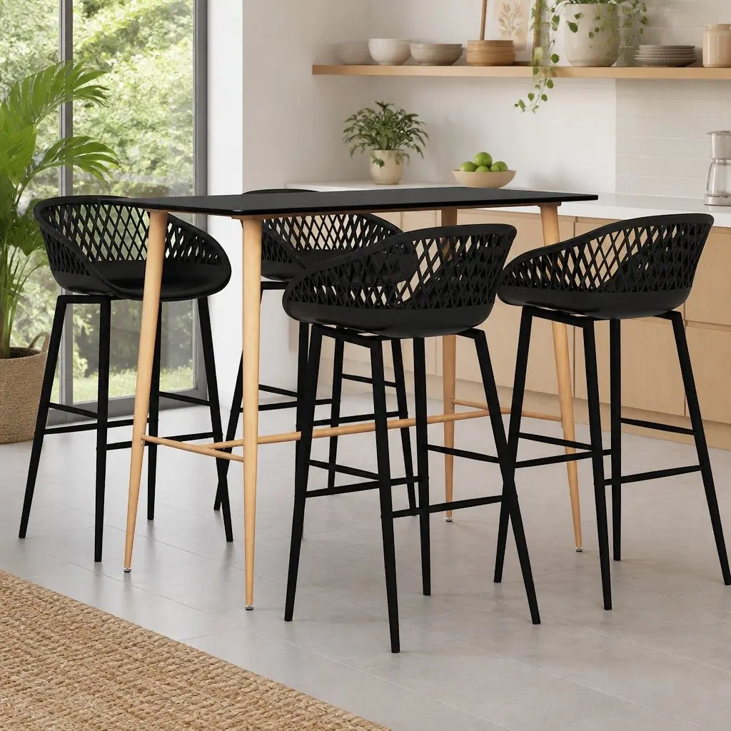 Counter Table Bar Set 5 Piece Black with Stools for Kitchen Dining Modern Indoor Furniture
