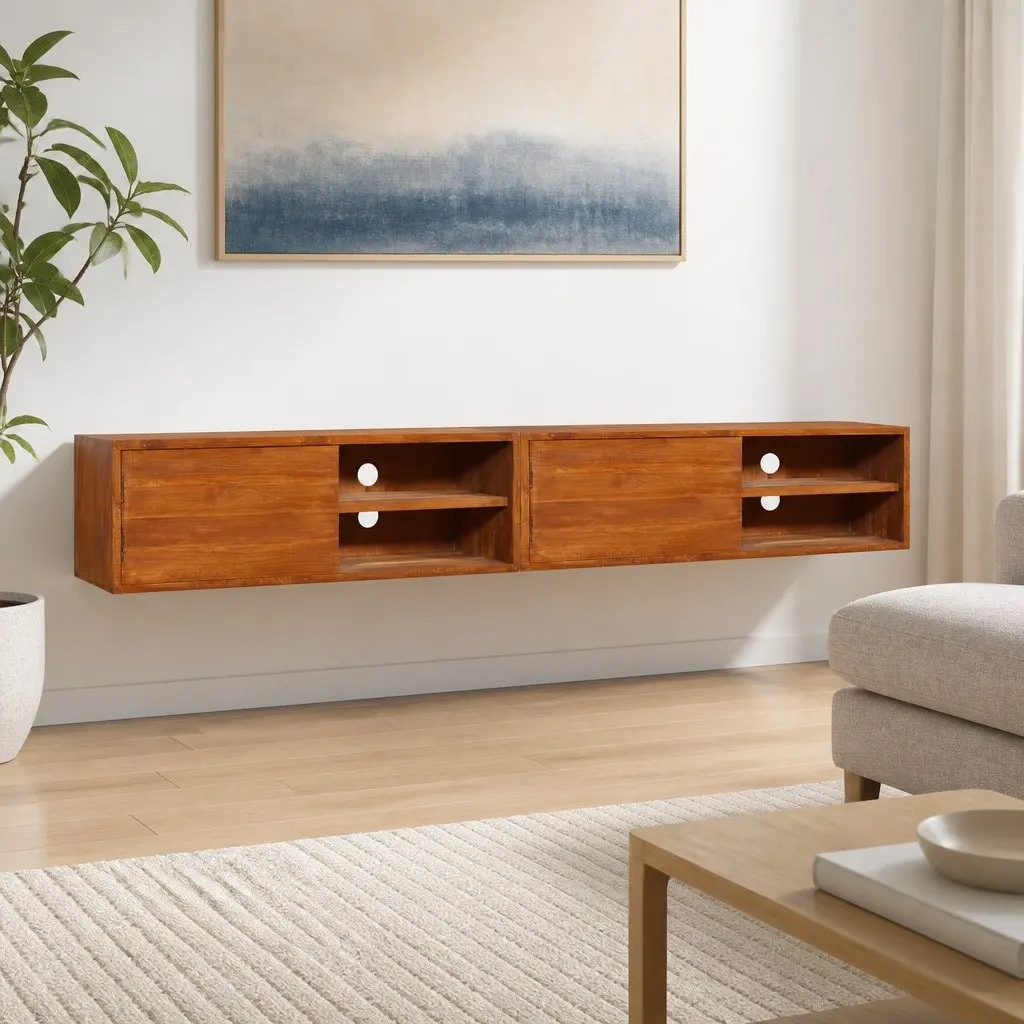 Solid Teak Wood Wall-mounted TV Cabinet 180cm Living Room Storage Unit