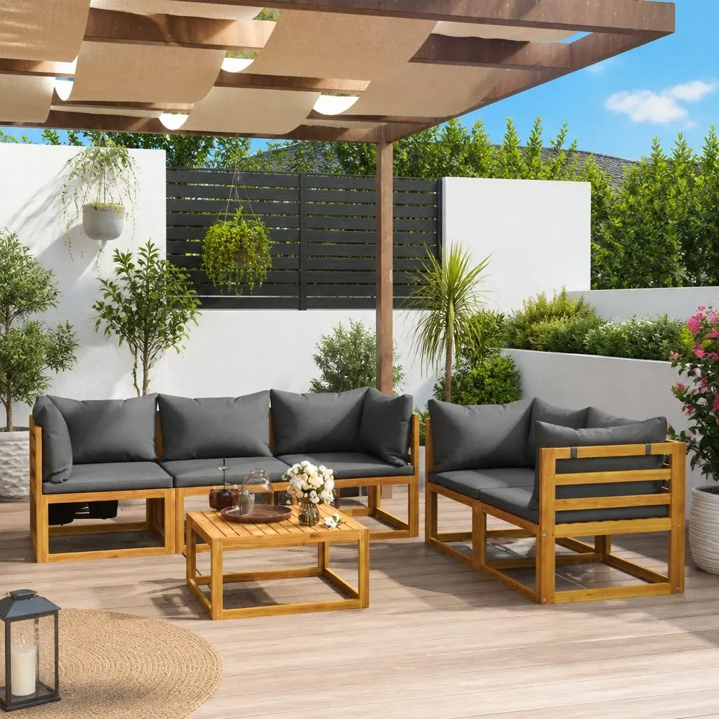 Outdoor Garden Lounge Set Modular Grey Acacia 6 Piece with Thick Cushions