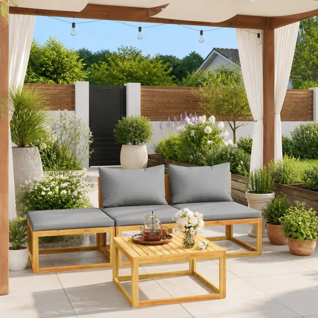Garden Lounge Set 4 Piece Outdoor Furniture Acacia Wood Sofa Coffee Table Grey