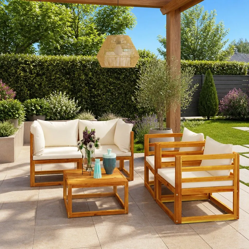 5 Piece Outdoor Lounge Set Garden Furniture Cream Sofa Coffee Table Cushions