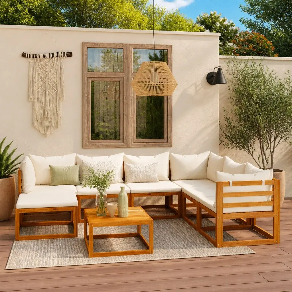 8 Piece Outdoor Garden Lounge Set Solid Wood Frame Cushioned Seating Coffee Table