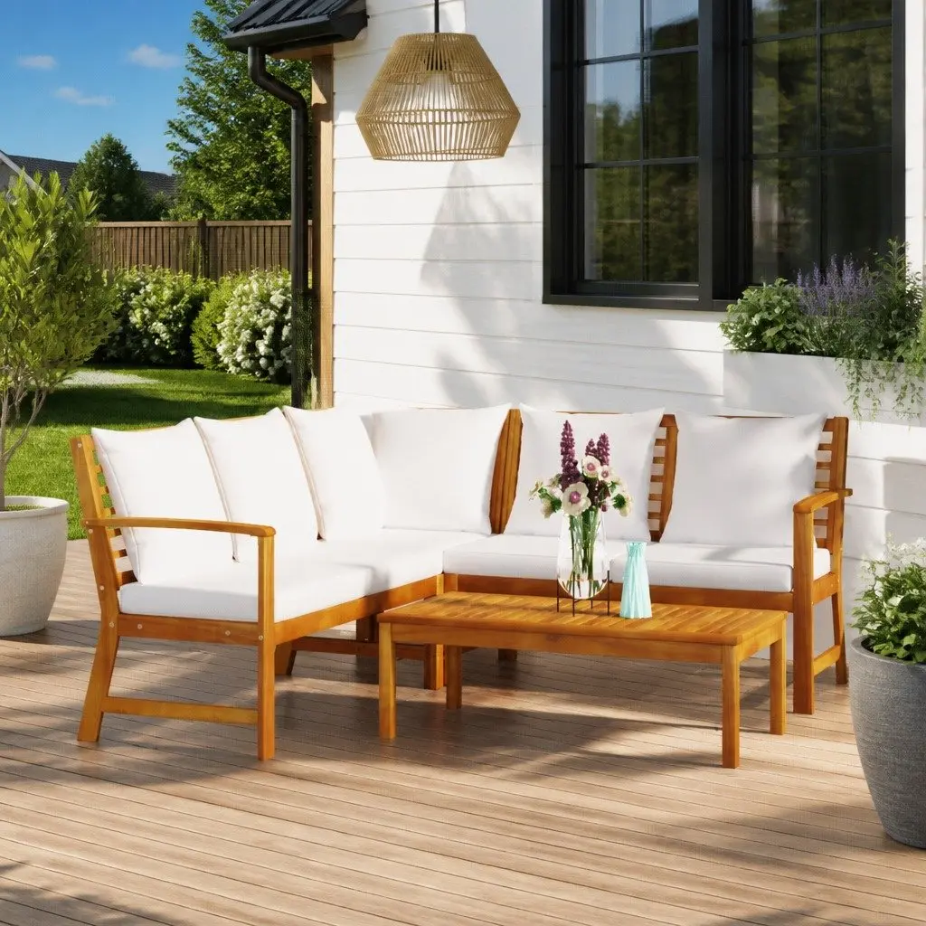 4 Piece Garden Lounge Set Outdoor Patio Sofa with Coffee Table Cushion Cream