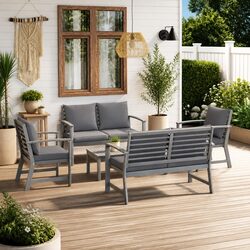 5 Piece Garden Lounge Set Acacia Wood Frame Grey Cushion Modular Outdoor Sofa