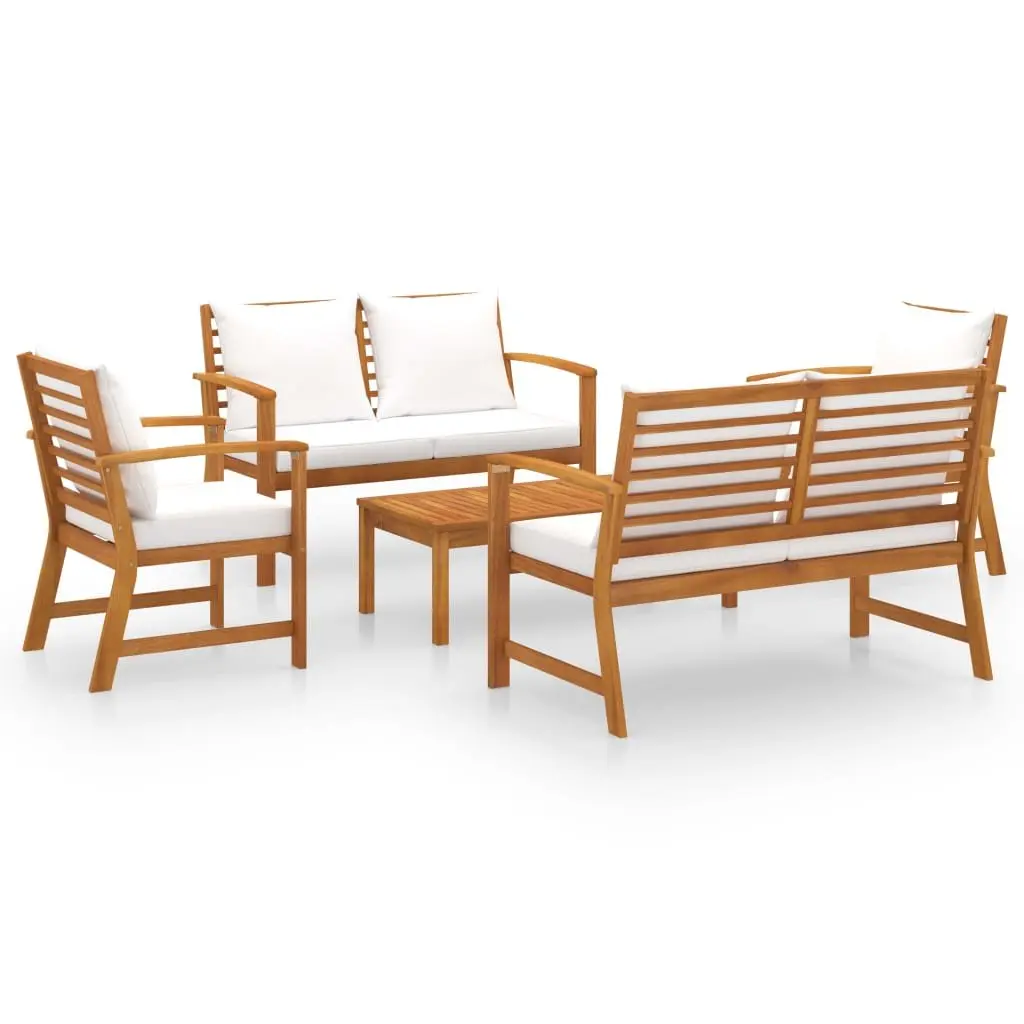 5 Piece Garden Lounge Set Solid Acacia Wood Frame Cream Outdoor Furniture Sofa Coffee Table with Cushions