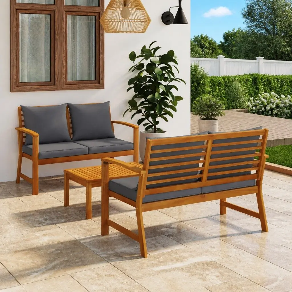 Garden Lounge Set 3 Piece Outdoor Furniture with Cushions Acacia Wood Grey