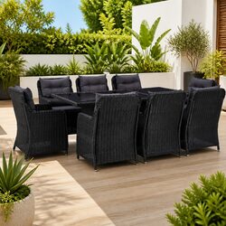 Outdoor Dining Set 9 Piece Half Round Poly Rattan Garden Patio Furniture Black