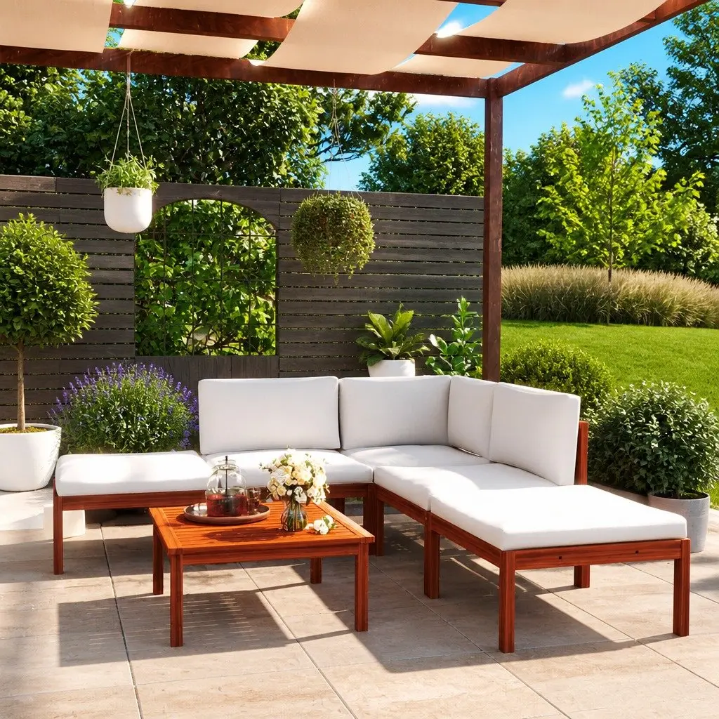 Outdoor Lounge Set 6 Piece Acacia Wood Rope Backrest White Garden Furniture