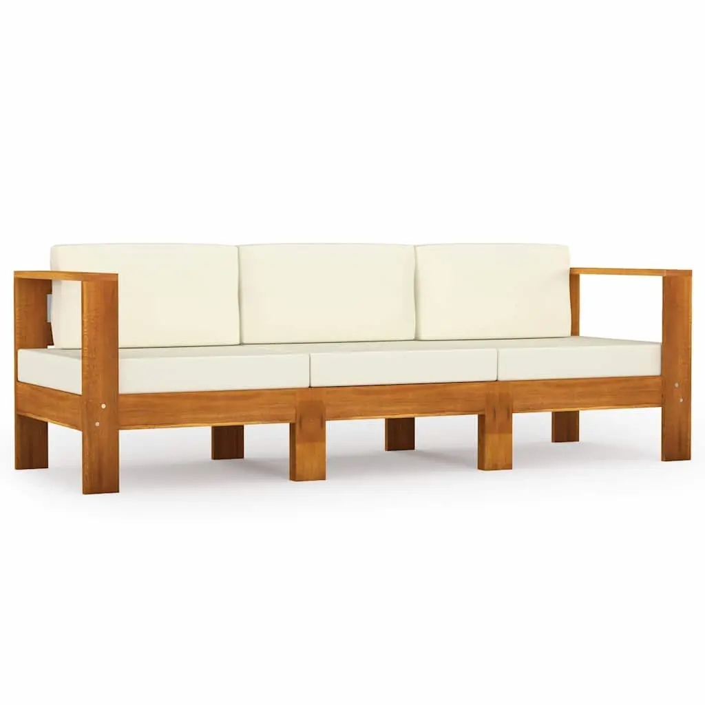 3-Seater Garden Sofa Solid Wood Frame Cream Cushions Outdoor Patio Furniture