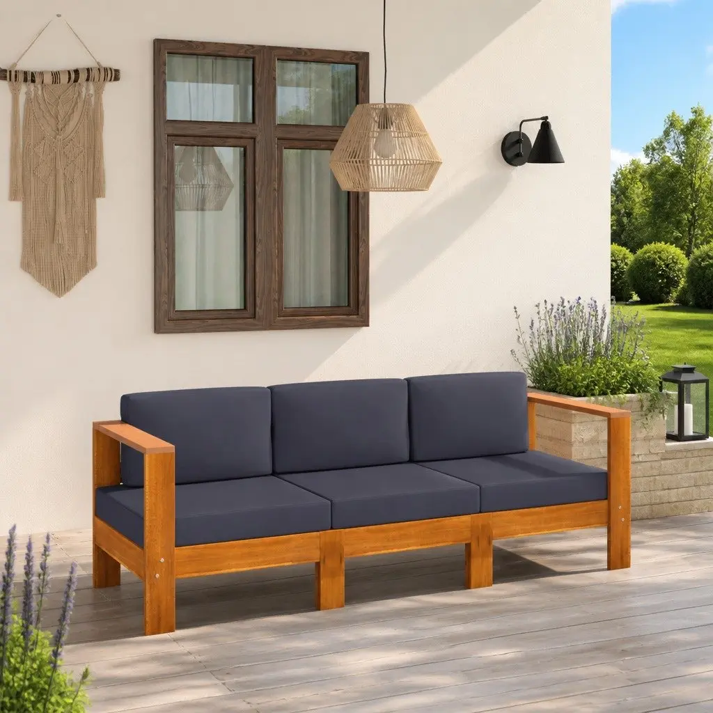 Acacia Wood 3-Seater Garden Sofa Outdoor Furniture with Thick Grey Cushions