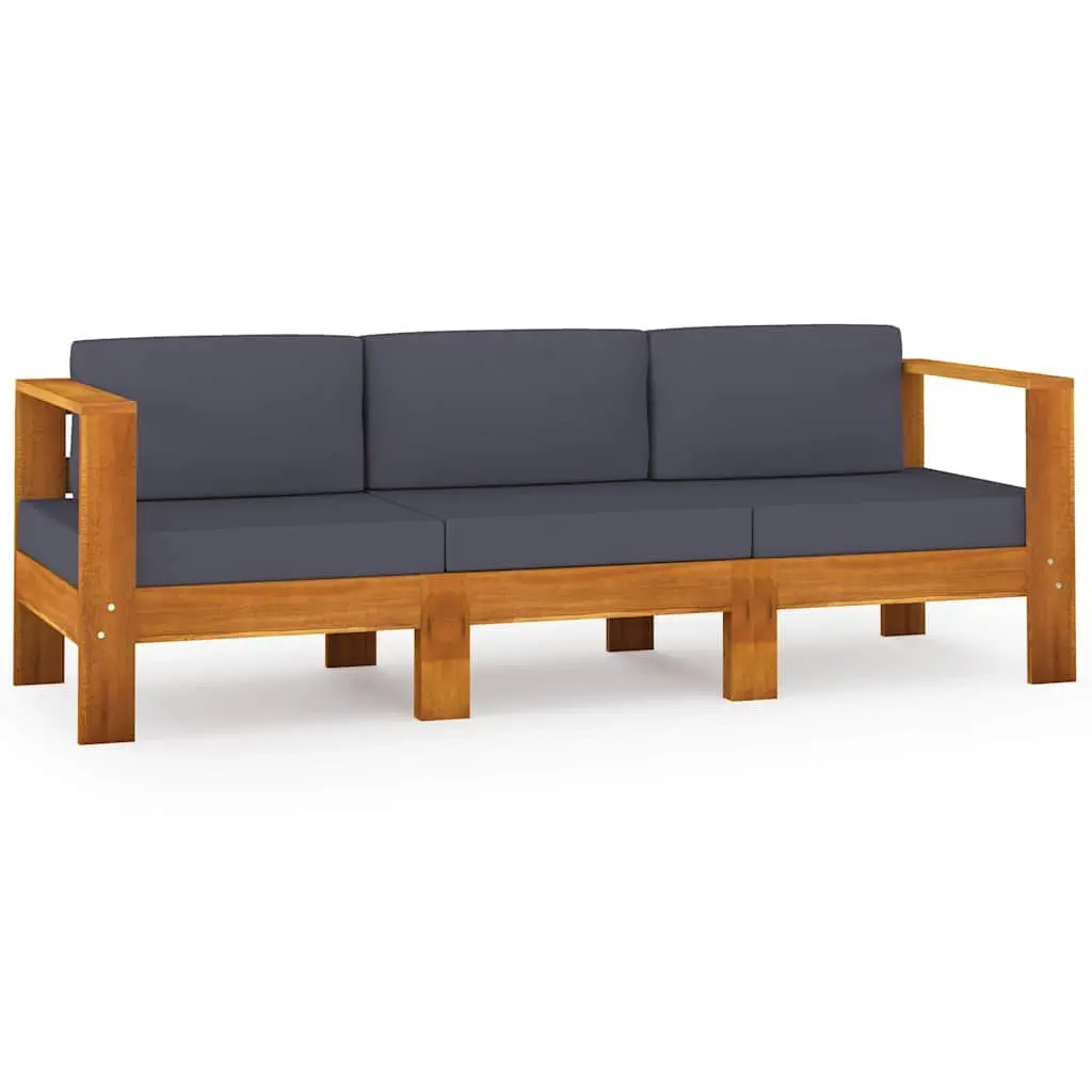 Acacia Wood 3-Seater Garden Sofa Outdoor Furniture with Thick Grey Cushions