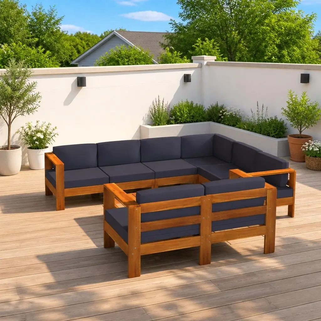 Garden Lounge Set Acacia Wood 8 Piece with Grey Cushions