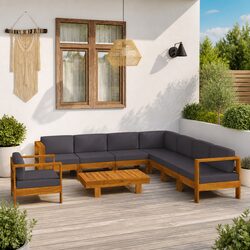 Garden Lounge Set 9 Piece Outdoor Furniture Acacia Wood Grey Cushions Patio