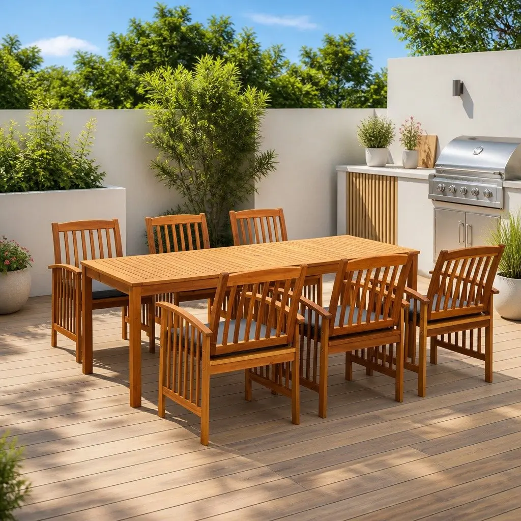 Garden Dining Set 7 Piece Outdoor Patio Table with Cushions Acacia Wood