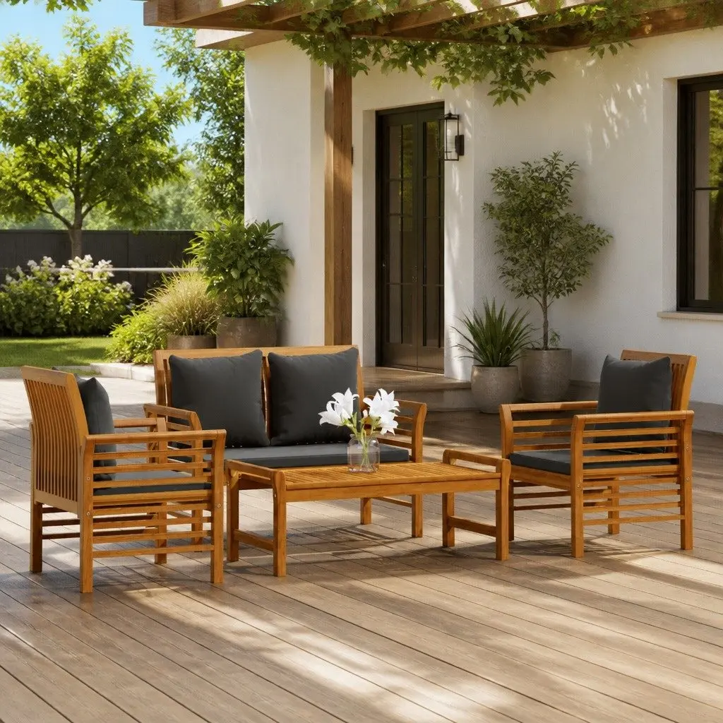 4 Piece Garden Lounge Set Solid Acacia Wood with Cushions Outdoor Furniture