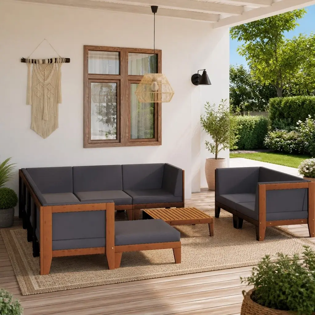 Garden Lounge Set 10 Piece Outdoor Furniture Grey Acacia Wood with Cushions