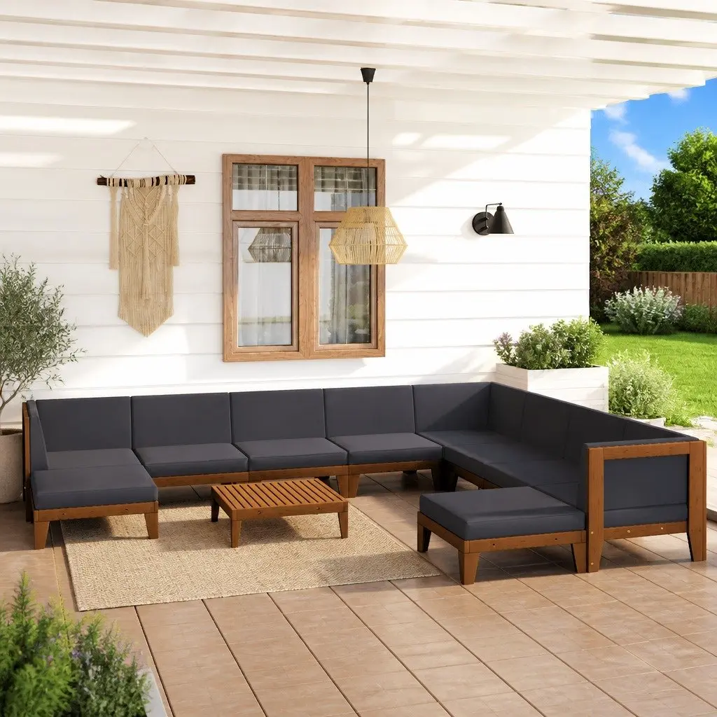 Garden Lounge Set 11 Piece Modular Outdoor Furniture Grey Acacia Wood Cushions