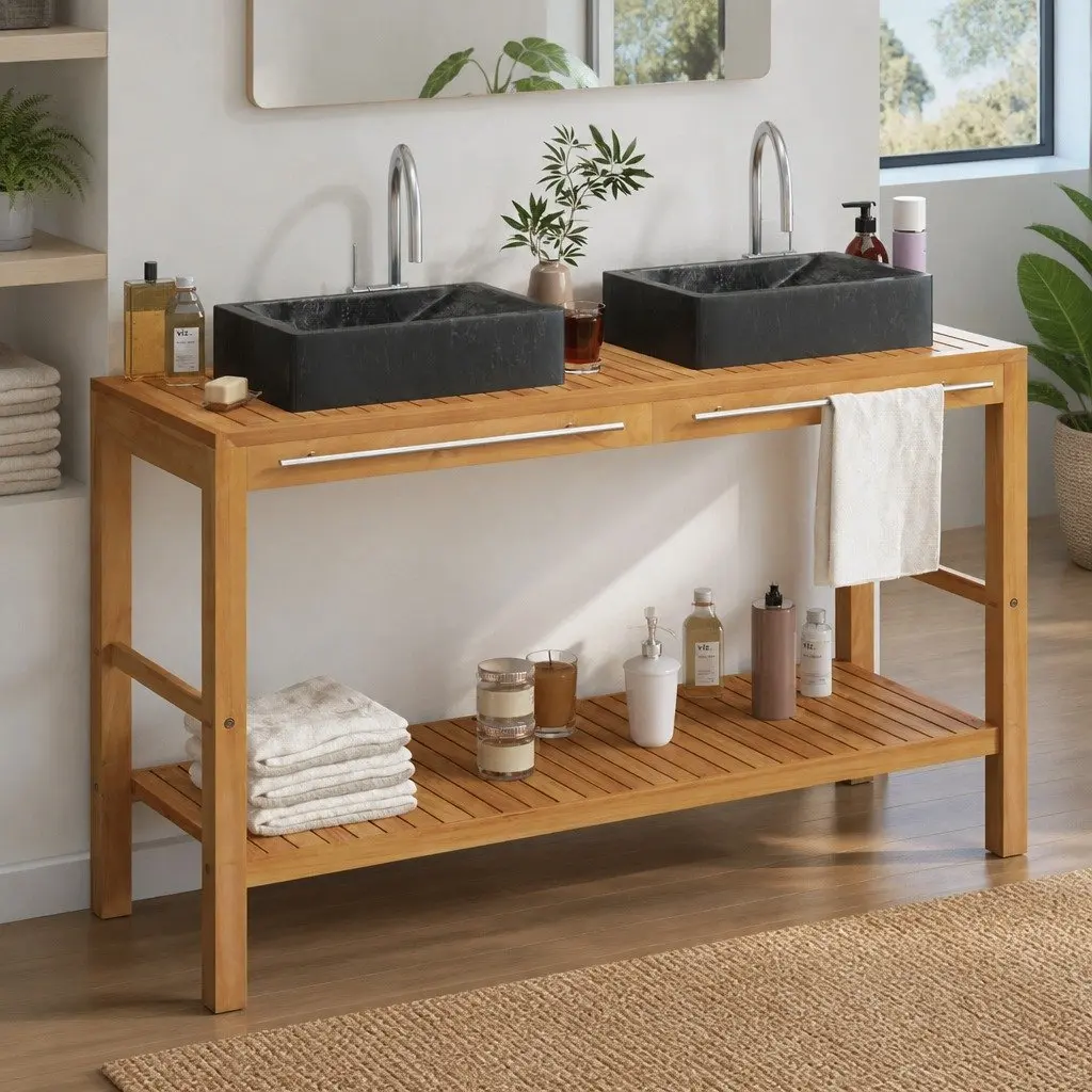 Bathroom Vanity Cabinet Solid Teak Wood with Two Marble Sinks Black Storage Unit