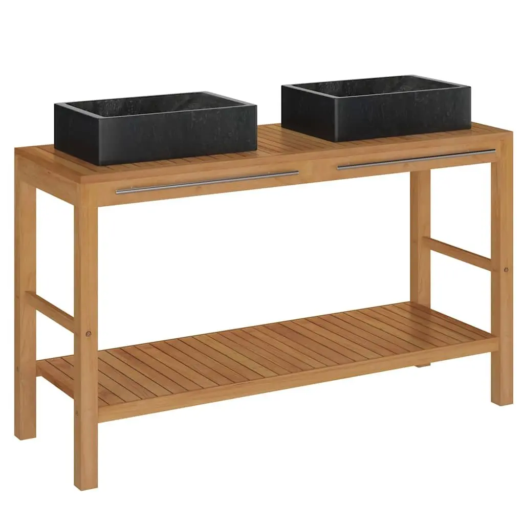 Bathroom Vanity Cabinet Solid Teak Wood with Two Marble Sinks Black Storage Unit