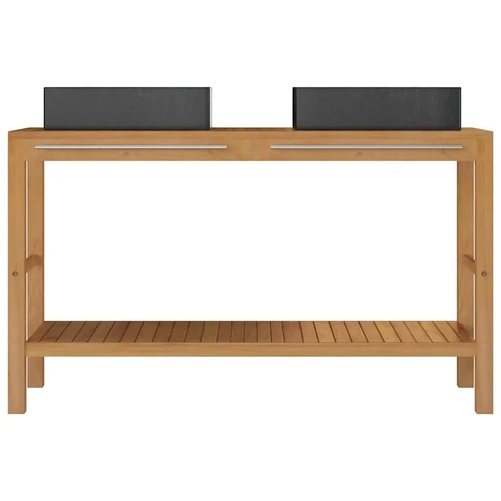Bathroom Vanity Cabinet Solid Teak Wood with Two Marble Sinks Black Storage Unit