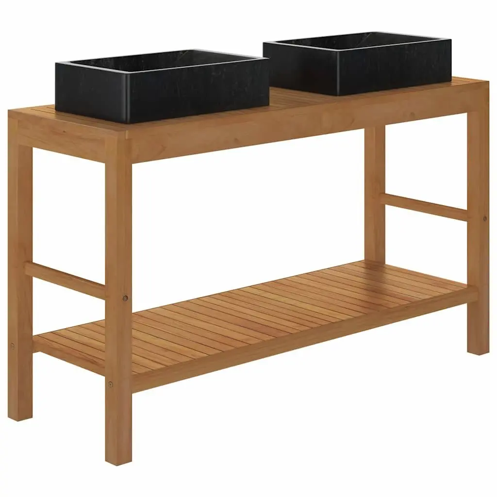 Bathroom Vanity Cabinet Solid Teak Wood with Two Marble Sinks Black Storage Unit