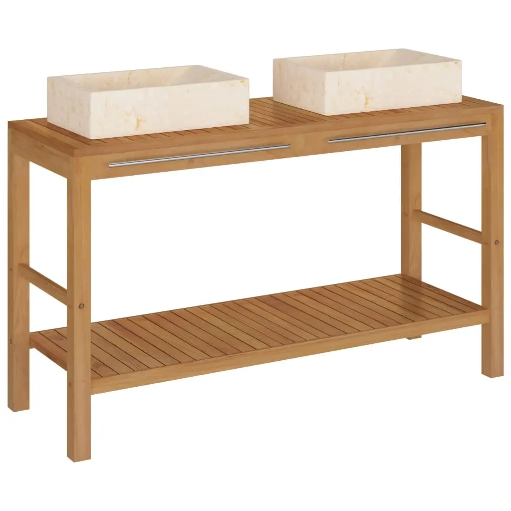 Bathroom Vanity Cabinet with Marble Sinks Solid Teak Wood Double Basin Storage