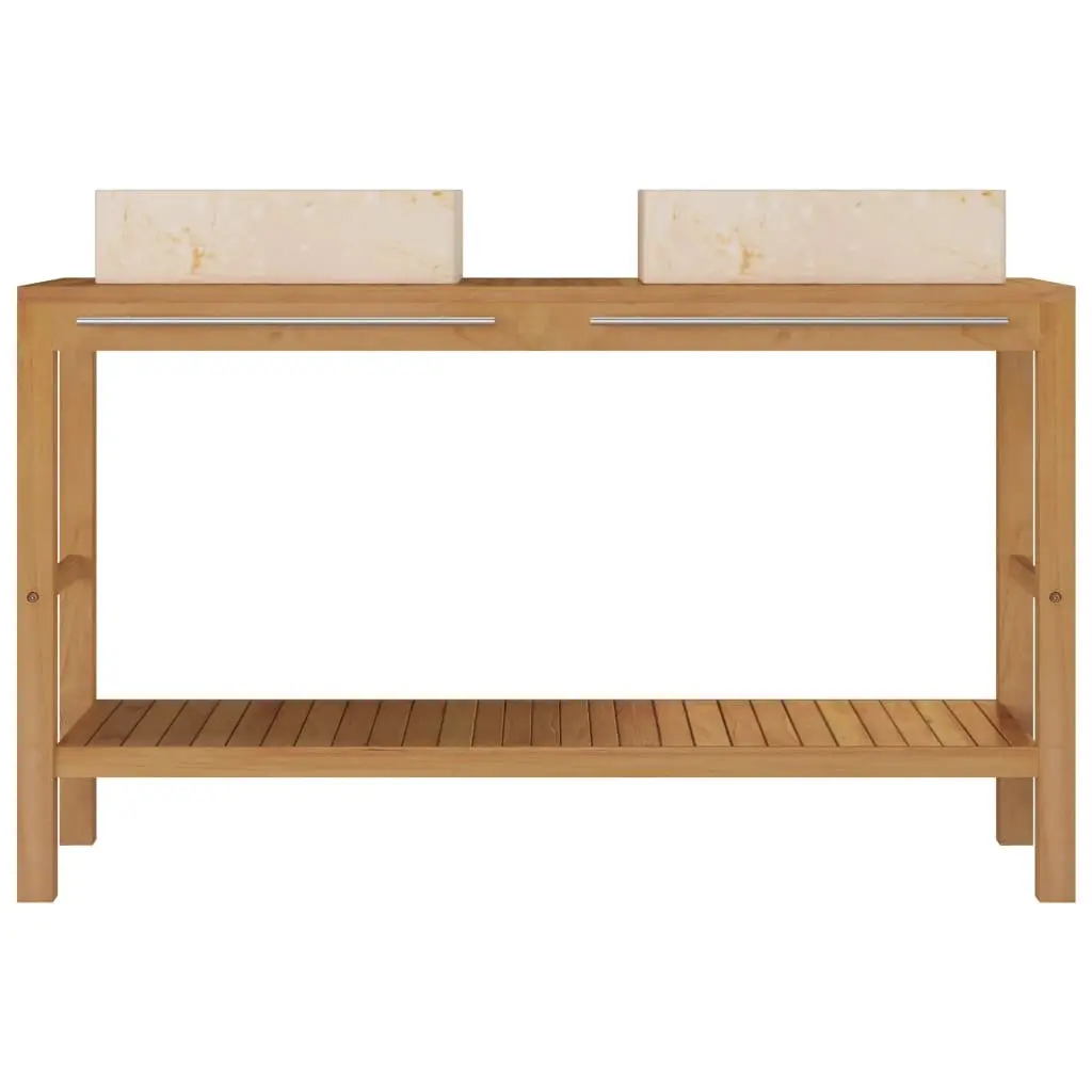 Bathroom Vanity Cabinet with Marble Sinks Solid Teak Wood Double Basin Storage