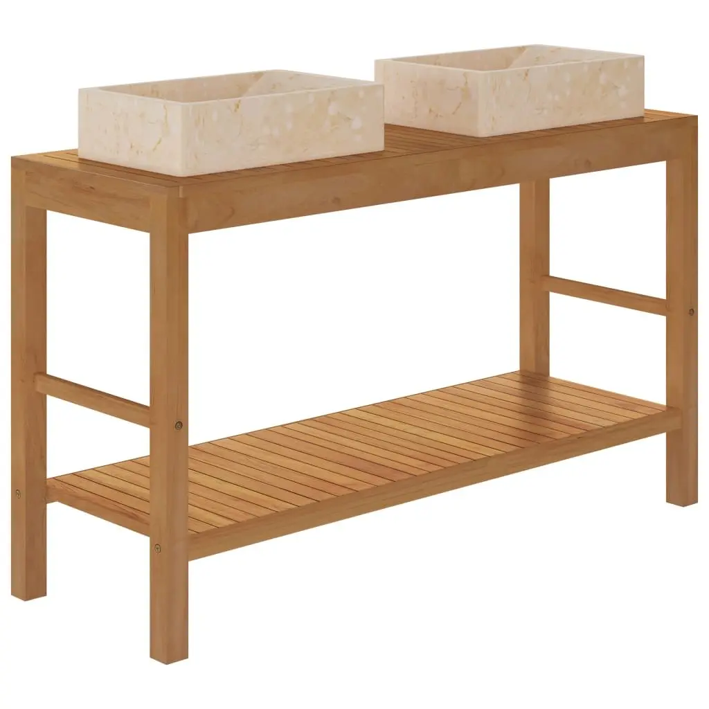 Bathroom Vanity Cabinet with Marble Sinks Solid Teak Wood Double Basin Storage