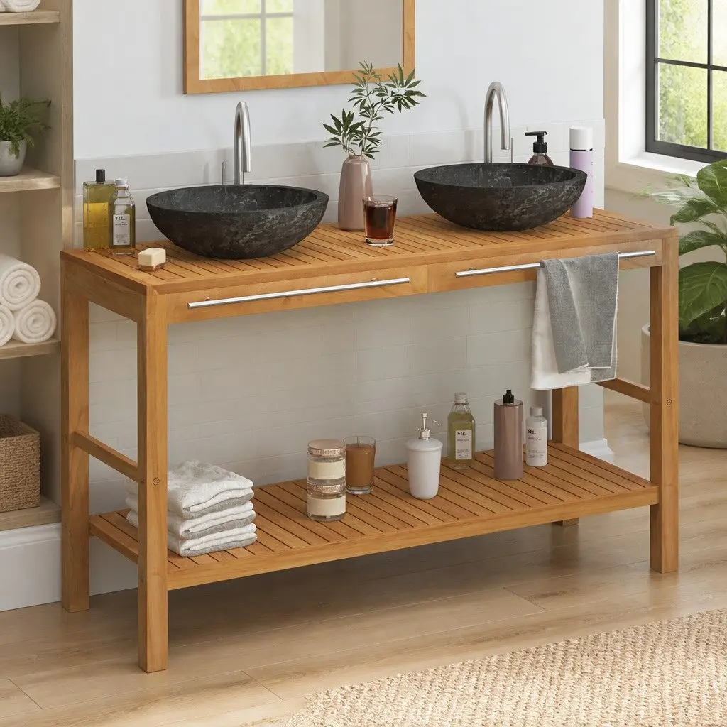 Bathroom Vanity Unit Solid Teak Wood Double Sink Marble Basin