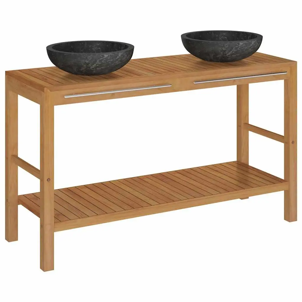 Bathroom Vanity Unit Solid Teak Wood Double Sink Marble Basin
