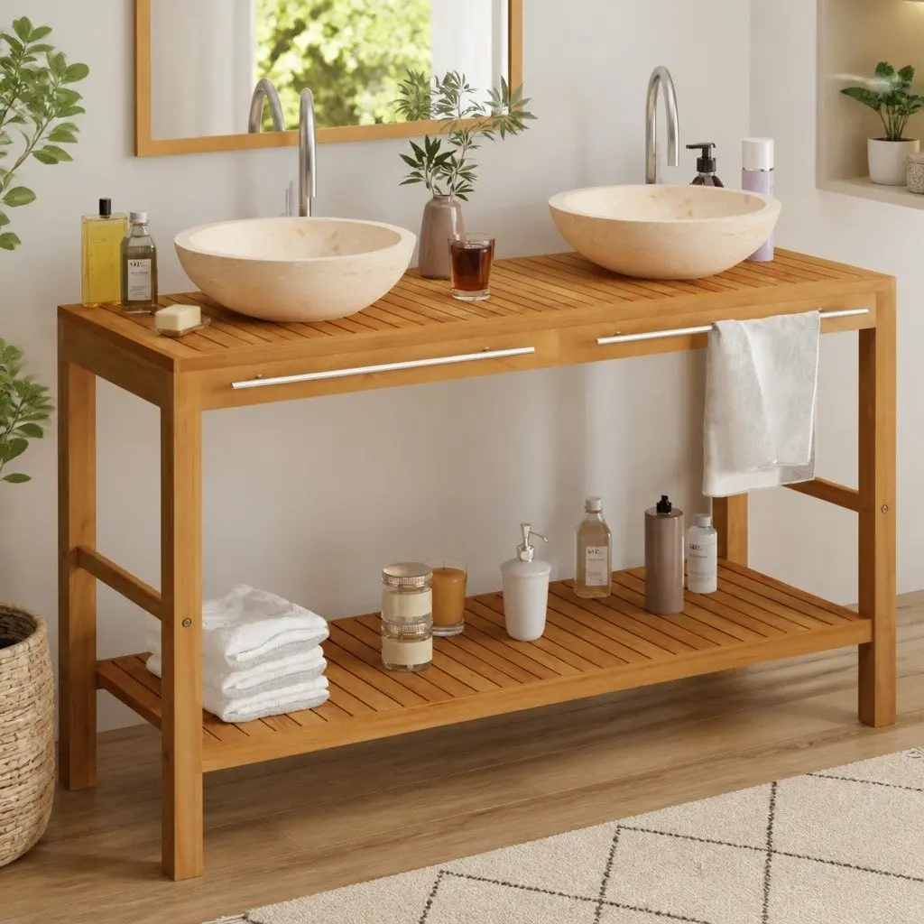 Bathroom Vanity Cabinet Solid Wood Teak Double Sinks Marble Countertop
