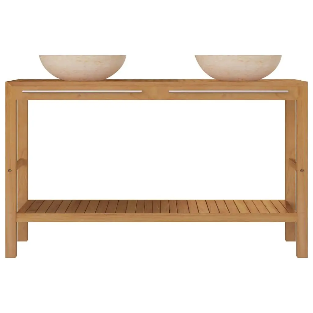Bathroom Vanity Cabinet Solid Wood Teak Double Sinks Marble Countertop