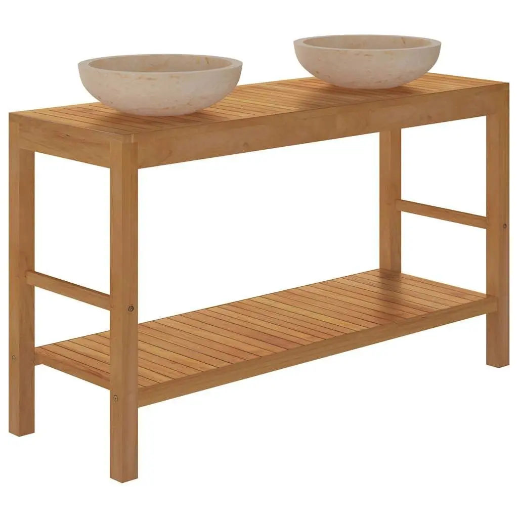 Bathroom Vanity Cabinet Solid Wood Teak Double Sinks Marble Countertop